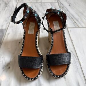 Valentino Garavani Black Wedge Sandals with Turquoise and Silver Rockstuds